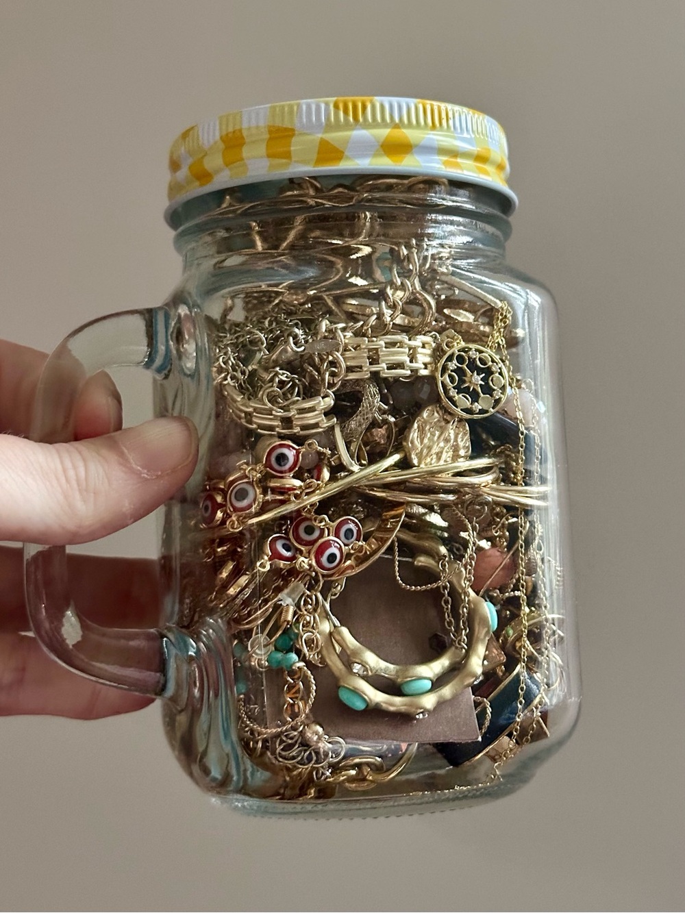 Over 1lb Wearable Gold Tone Jewelry Mystery Lot - Mason Jar Glass w Straw Trendy
